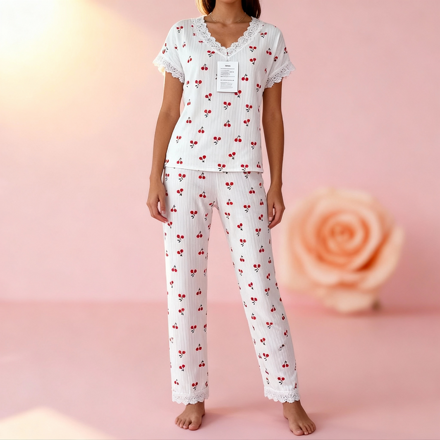 Lace Trim Women Pajama Set Short Sleeve Front Button Top & Full-Length Pants Cherry Print 2 Pieces Sleepwear Nightwear Home Wear
