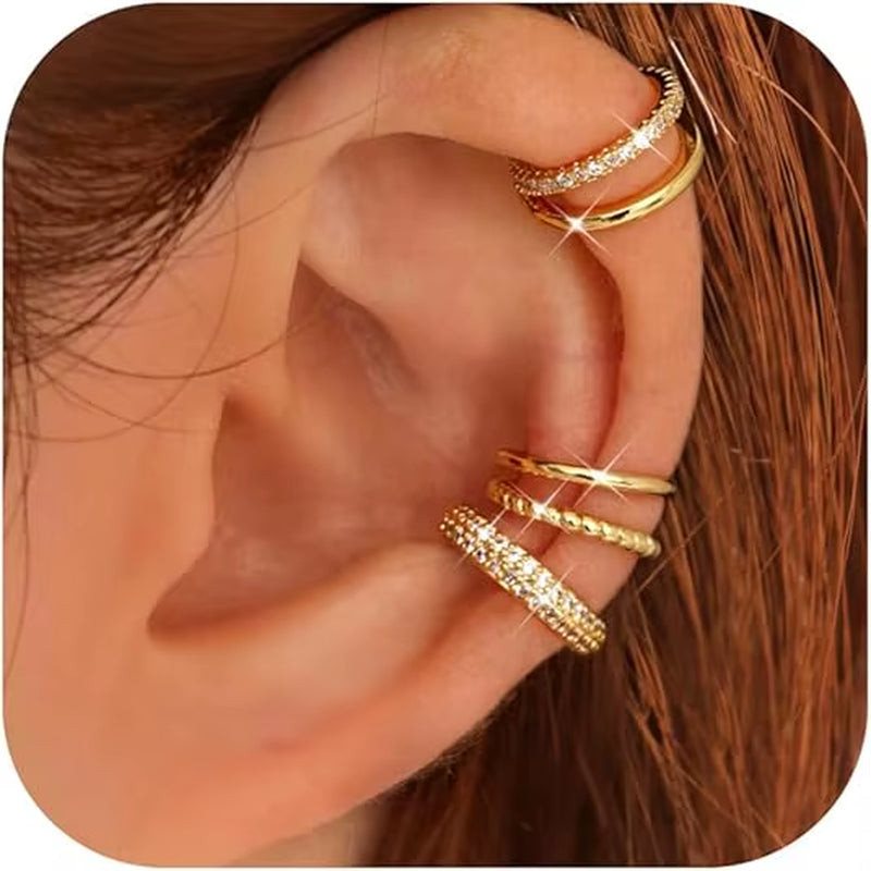 4 Pairs 14K Gold Plated Ear Cuffs Non Piercing for Women Ear Cuff Clip on Cartilage Earring Adjustable Fake Earrings Set