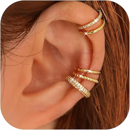 4 Pairs 14K Gold Plated Ear Cuffs Non Piercing for Women Ear Cuff Clip on Cartilage Earring Adjustable Fake Earrings Set