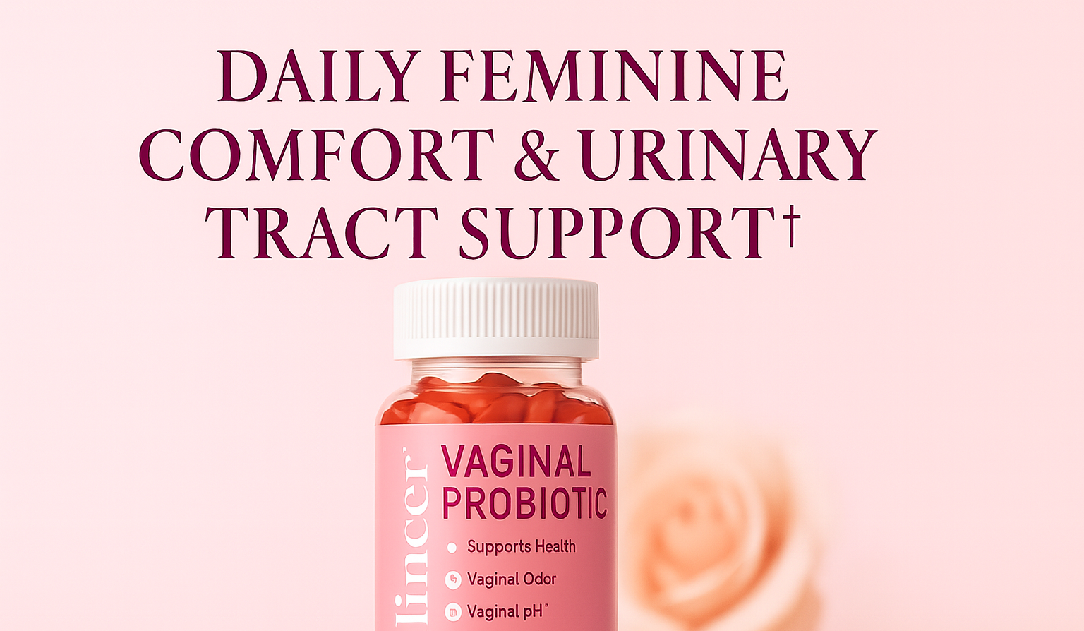 Bottle of vaginal probiotics with text on a pink background