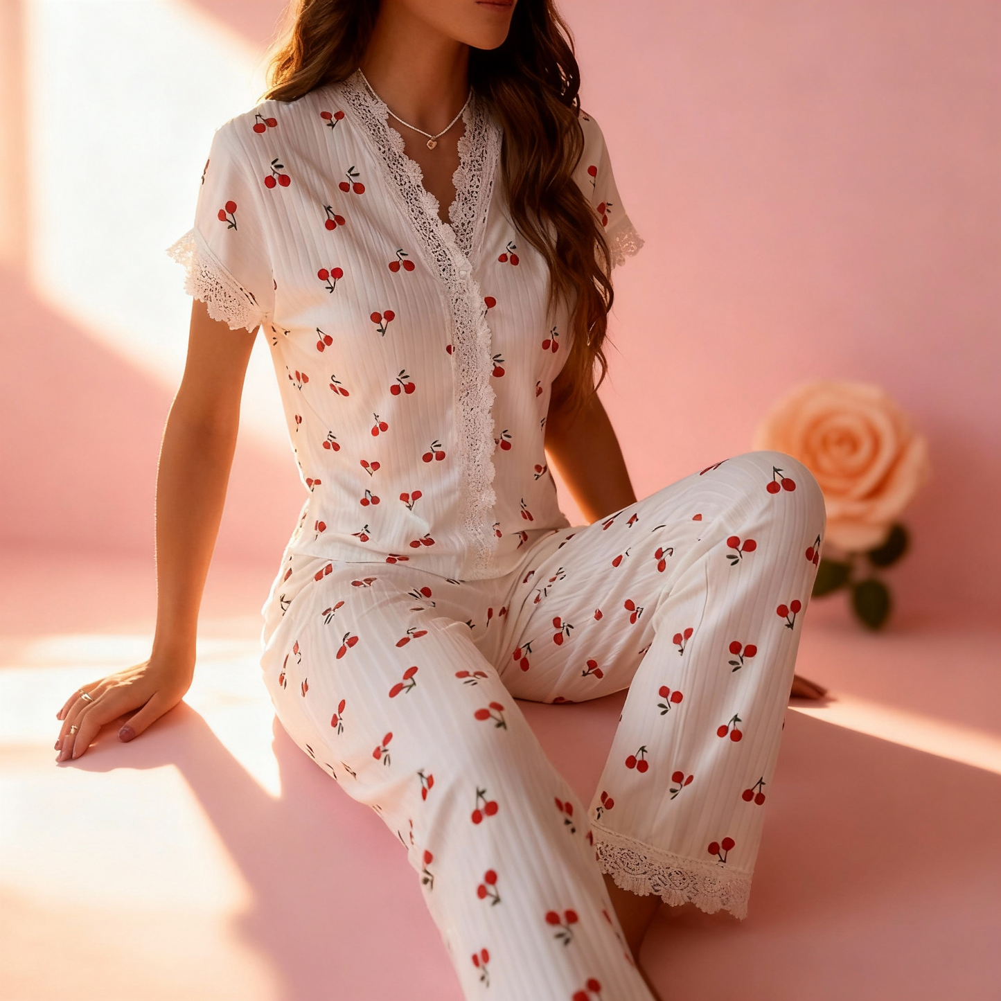 Lace Trim Women Pajama Set Short Sleeve Front Button Top & Full-Length Pants Cherry Print 2 Pieces Sleepwear Nightwear Home Wear