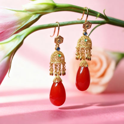 Women Long Vintage Teardrop Earrings Ice Red Agate Stone Ancient Method Handmade Dangle Classic Elegant Versatile Jewelry Gift