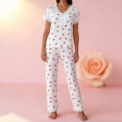 Lace Trim Women Pajama Set Short Sleeve Front Button Top & Full-Length Pants Cherry Print 2 Pieces Sleepwear Nightwear Home Wear