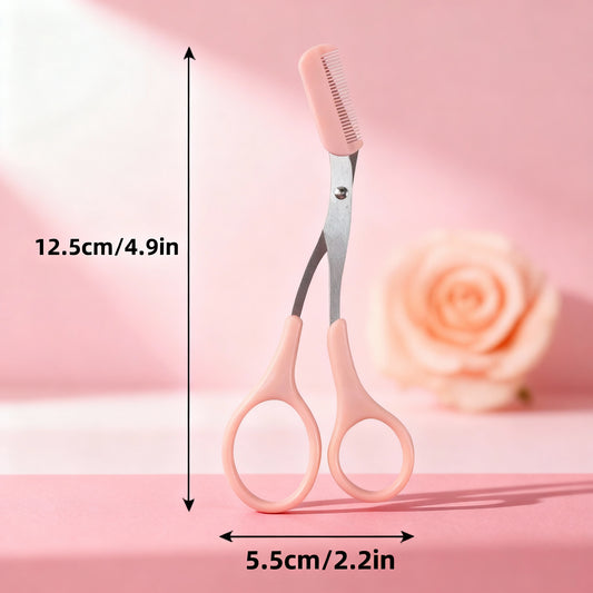 Pink Eyebrow Trimming Scissors with Built-In Comb - Stainless Steel, Precise Grooming Tool, Creating Perfect Eyebrows