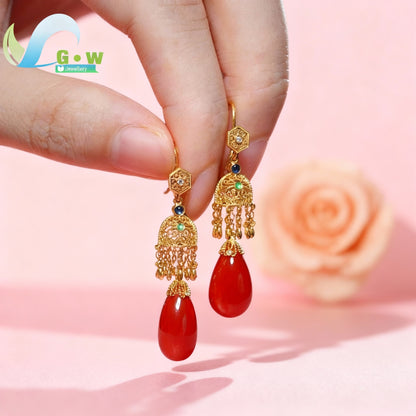 Women Long Vintage Teardrop Earrings Ice Red Agate Stone Ancient Method Handmade Dangle Classic Elegant Versatile Jewelry Gift