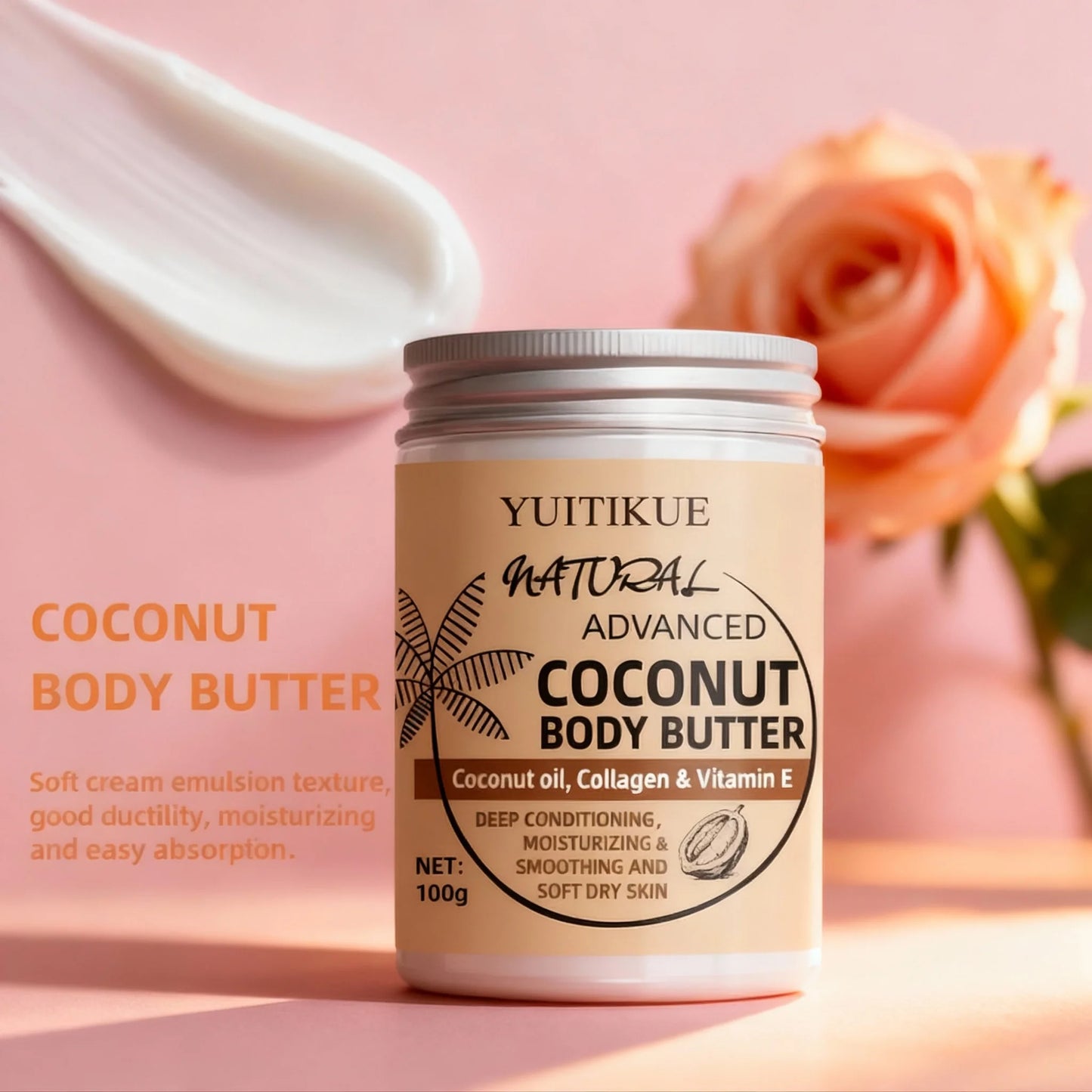 100G Coconut Body Cream - Suitable for Everyone, Firms and Moisturizes the Skin, Locks in Moisture, Leaves the Skin Soft, Refine