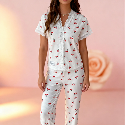 Lace Trim Women Pajama Set Short Sleeve Front Button Top & Full-Length Pants Cherry Print 2 Pieces Sleepwear Nightwear Home Wear