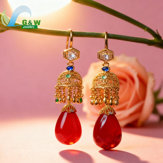 Women Long Vintage Teardrop Earrings Ice Red Agate Stone Ancient Method Handmade Dangle Classic Elegant Versatile Jewelry Gift