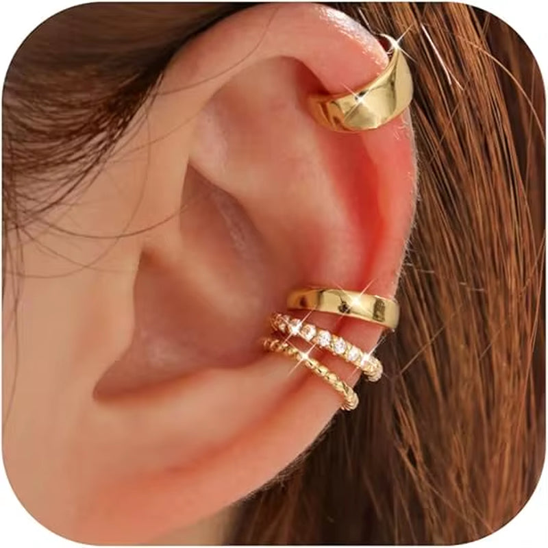 4 Pairs 14K Gold Plated Ear Cuffs Non Piercing for Women Ear Cuff Clip on Cartilage Earring Adjustable Fake Earrings Set